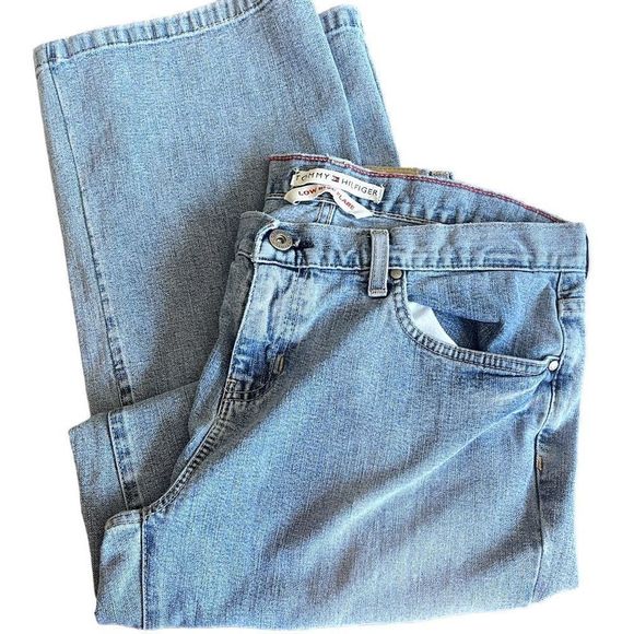 Tommy Hilfiger 00’s Low Rise Flare Hiphugger Denim Jeans - Leather Flag Patch - Picture 1 of 15